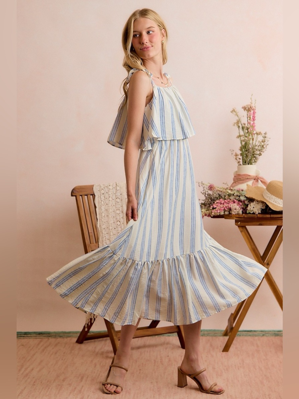 SO ME Stripe Tiered Shoulder Tie Midi Lined Dress - Picture 14 of 15